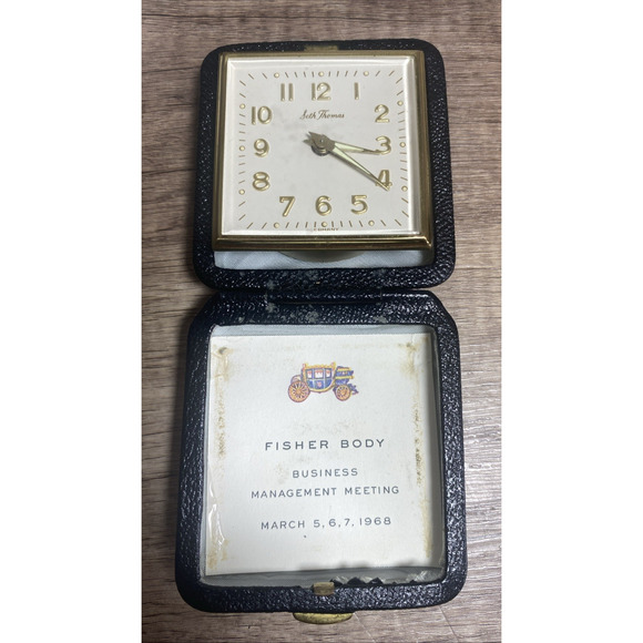 1960 Seth Thomas Japan Wind Up Travel Alarm Clock Fisher Body Original Box Case - Picture 1 of 13
